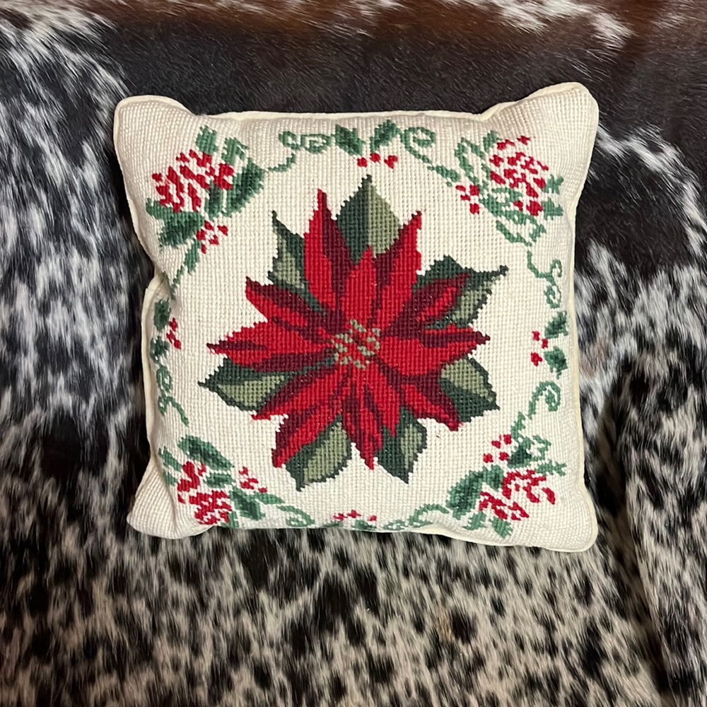 Poinsettia needlepoint throw pillow 12 x 12
